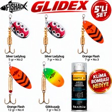 Fishack Glidex 5'li Döner Kaşık Seti + Klima Bombası Hediye - Silver Ladybug 5 gr No:2 + Silver Ladybug 7 gr No:3 + Orange Flash 7 gr No:3 + Orange Flash 12 gr No:4 + Gökkuşağı 7 G