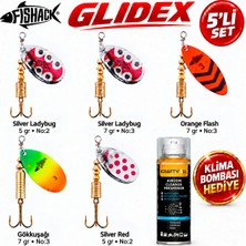Fishack Glidex 5'li Döner Kaşık Seti + Klima Bombası Hediye - Silver Ladybug 5 gr No:2 + Silver Ladybug 7 gr No:3 + Orange Flash 7 gr No:3 + Gökkuşağı 7 gr No:3 + Silver Red 5 gr N