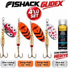 Fishack Glidex 4'lü Döner Kaşık Seti + Klima Bombası Hediye - Silver Ladybug 5 gr No:2 + Orange Flash 7 gr No:3 + Orange Flash 12 gr No:4 + Silver Red 7 gr No:3
