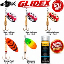 Fishack Glidex 5'li Döner Kaşık Seti + Klima Bombası Hediye - Silver Ladybug 5 gr No:2 + Silver Ladybug 7 gr No:3 + Golden Ladybug 5 gr No:2 + Orange Flash 12 gr No:4 + Gökkuşağı 7