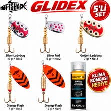 Fishack Glidex 5'li Döner Kaşık Seti + Klima Bombası Hediye - Silver Ladybug 5 gr No:2 + Golden Ladybug 7 gr No:3 + Orange Flash 7 gr No:3 + Orange Flash 12 gr No:4 + Silver Red 5