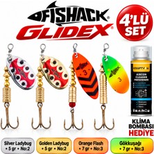 Fishack Glidex 4'lü Döner Kaşık Seti + Klima Bombası Hediye - Silver Ladybug 5 gr No:2 + Golden Ladybug 5 gr No:2 + Orange Flash 7 gr No:3 + Gökkuşağı 7 gr No:3