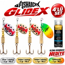 Fishack Glidex 4'lü Döner Kaşık Seti + Klima Bombası Hediye - Silver Ladybug 5 gr No:2 + Golden Ladybug 5 gr No:2 + Golden Ladybug 7 gr No:3 + Gökkuşağı 7 gr No:3