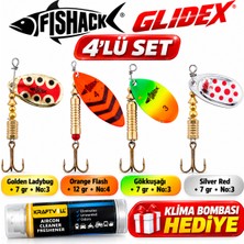 Fishack Glidex 4'lü Döner Kaşık Seti + Klima Bombası Hediye - Golden Ladybug 7 gr No:3 + Orange Flash 12 gr No:4 + Gökkuşağı 7 gr No:3 + Silver Red 7 gr No:3