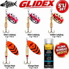 Fishack Glidex 5'li Döner Kaşık Seti + Klima Bombası Hediye - Silver Ladybug 5 gr No:2 + Silver Ladybug 7 gr No:3 + Golden Ladybug 5 gr No:2 + Orange Flash 7 gr No:3 + Orange Flash