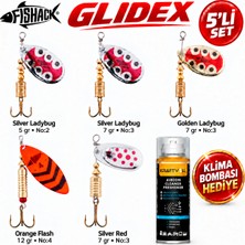 Fishack Glidex 5'li Döner Kaşık Seti + Klima Bombası Hediye - Silver Ladybug 5 gr No:2 + Silver Ladybug 7 gr No:3 + Golden Ladybug 7 gr No:3 + Orange Flash 12 gr No:4 + Silver Red