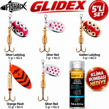 Fishack Glidex 5'li Döner Kaşık Seti + Klima Bombası Hediye - Silver Ladybug 5 gr No:2 + Golden Ladybug 5 gr No:2 + Orange Flash 12 gr No:4 + Silver Red 5 gr No:2 + Silver Red 7 gr