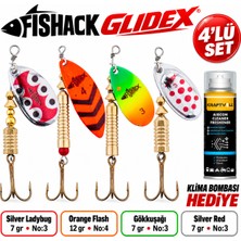 Fishack Glidex 4'lü Döner Kaşık Seti + Klima Bombası Hediye - Silver Ladybug 7 gr No:3 + Orange Flash 12 gr No:4 + Gökkuşağı 7 gr No:3 + Silver Red 7 gr No:3