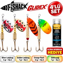 Fishack Glidex 4'lü Döner Kaşık Seti + Klima Bombası Hediye - Silver Ladybug 5 gr No:2 + Golden Ladybug 7 gr No:3 + Orange Flash 12 gr No:4 + Gökkuşağı 7 gr No:3