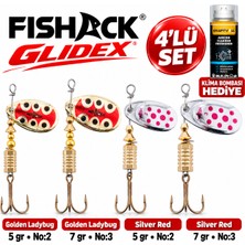 Fishack Glidex 4'lü Döner Kaşık Seti + Klima Bombası Hediye - Golden Ladybug 5 gr No:2 + Golden Ladybug 7 gr No:3 + Silver Red 5 gr No:2 + Silver Red 7 gr No:3