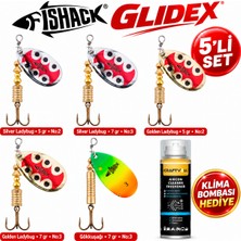 Fishack Glidex 5'li Döner Kaşık Seti + Klima Bombası Hediye - Silver Ladybug 5 gr No:2 + Silver Ladybug 7 gr No:3 + Golden Ladybug 5 gr No:2 + Golden Ladybug 7 gr No:3 + Gökkuşağı