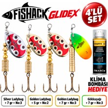 Fishack Glidex 4'lü Döner Kaşık Seti + Klima Bombası Hediye - Silver Ladybug 7 gr No:3 + Golden Ladybug 5 gr No:2 + Golden Ladybug 7 gr No:3 + Gökkuşağı 7 gr No:3