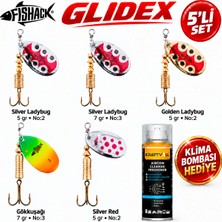Fishack Glidex 5'li Döner Kaşık Seti + Klima Bombası Hediye - Silver Ladybug 5 gr No:2 + Silver Ladybug 7 gr No:3 + Golden Ladybug 5 gr No:2 + Gökkuşağı 7 gr No:3 + Silver Red 5 gr