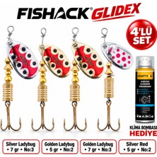 Fishack Glidex 4'lü Döner Kaşık Seti + Klima Bombası Hediye - Silver Ladybug 7 gr No:3 + Golden Ladybug 5 gr No:2 + Golden Ladybug 7 gr No:3 + Silver Red 5 gr No:2