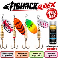 Fishack Glidex 4'lü Döner Kaşık Seti + Klima Bombası Hediye - Silver Ladybug 7 gr No:3 + Orange Flash 7 gr No:3 + Gökkuşağı 7 gr No:3 + Silver Red 5 gr No:2