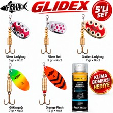 Fishack Glidex 5'li Döner Kaşık Seti + Klima Bombası Hediye - Silver Ladybug 5 gr No:2 + Golden Ladybug 7 gr No:3 + Orange Flash 12 gr No:4 + Gökkuşağı 7 gr No:3 + Silver Red 5 gr