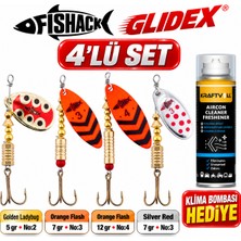 Fishack Glidex 4'lü Döner Kaşık Seti + Klima Bombası Hediye - Golden Ladybug 5 gr No:2 + Orange Flash 7 gr No:3 + Orange Flash 12 gr No:4 + Silver Red 7 gr No:3