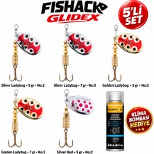 Fishack Glidex 5'li Döner Kaşık Seti + Klima Bombası Hediye - Silver Ladybug 5 gr No:2 + Silver Ladybug 7 gr No:3 + Golden Ladybug 5 gr No:2 + Golden Ladybug 7 gr No:3 + Silver Red