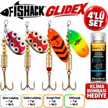 Fishack Glidex 4'lü Döner Kaşık Seti + Klima Bombası Hediye - Silver Ladybug 7 gr No:3 + Golden Ladybug 7 gr No:3 + Orange Flash 7 gr No:3 + Gökkuşağı 7 gr No:3