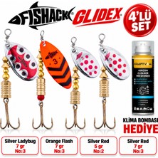 Fishack Glidex 4'lü Döner Kaşık Seti + Klima Bombası Hediye - Silver Ladybug 7 gr No:3 + Orange Flash 7 gr No:3 + Silver Red 5 gr No:2 + Silver Red 7 gr No:3