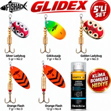 Fishack Glidex 5'li Döner Kaşık Seti + Klima Bombası Hediye - Silver Ladybug 5 gr No:2 + Golden Ladybug 7 gr No:3 + Orange Flash 7 gr No:3 + Orange Flash 12 gr No:4 + Gökkuşağı 7 G