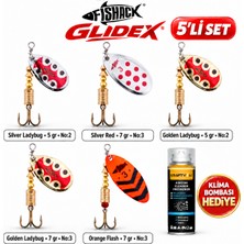 Fishack Glidex 5'li Döner Kaşık Seti + Klima Bombası Hediye - Silver Ladybug 5 gr No:2 + Golden Ladybug 5 gr No:2 + Golden Ladybug 7 gr No:3 + Orange Flash 7 gr No:3 + Silver Red 7