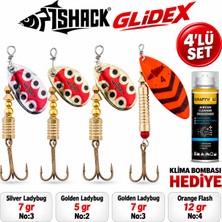 Fishack Glidex 4'lü Döner Kaşık Seti + Klima Bombası Hediye - Silver Ladybug 7 gr No:3 + Golden Ladybug 5 gr No:2 + Golden Ladybug 7 gr No:3 + Orange Flash 12 gr No:4