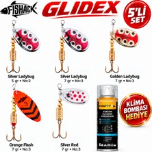 Fishack Glidex 5'li Döner Kaşık Seti + Klima Bombası Hediye - Silver Ladybug 5 gr No:2 + Silver Ladybug 7 gr No:3 + Golden Ladybug 7 gr No:3 + Orange Flash 7 gr No:3 + Silver Red 7