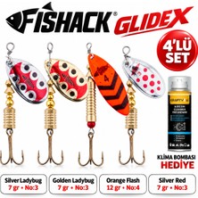Fishack Glidex 4'lü Döner Kaşık Seti + Klima Bombası Hediye - Silver Ladybug 7 gr No:3 + Golden Ladybug 7 gr No:3 + Orange Flash 12 gr No:4 + Silver Red 7 gr No:3
