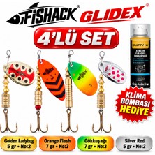 Fishack Glidex 4'lü Döner Kaşık Seti + Klima Bombası Hediye - Golden Ladybug 5 gr No:2 + Orange Flash 7 gr No:3 + Gökkuşağı 7 gr No:3 + Silver Red 5 gr No:2