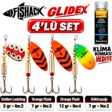 Fishack Glidex 4'lü Döner Kaşık Seti + Klima Bombası Hediye - Golden Ladybug 5 gr No:2 + Orange Flash 7 gr No:3 + Orange Flash 12 gr No:4 + Gökkuşağı 7 gr No:3
