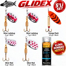 Fishack Glidex 5'li Döner Kaşık Seti + Klima Bombası Hediye - Silver Ladybug 5 gr No:2 + Silver Ladybug 7 gr No:3 + Orange Flash 12 gr No:4 + Silver Red 5 gr No:2 + Silver Red 7 gr
