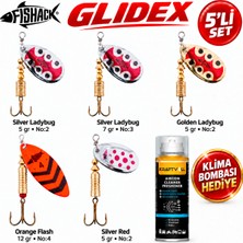 Fishack Glidex 5'li Döner Kaşık Seti + Klima Bombası Hediye - Silver Ladybug 5 gr No:2 + Silver Ladybug 7 gr No:3 + Golden Ladybug 5 gr No:2 + Orange Flash 12 gr No:4 + Silver Red