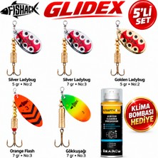 Fishack Glidex 5'li Döner Kaşık Seti + Klima Bombası Hediye - Silver Ladybug 5 gr No:2 + Silver Ladybug 7 gr No:3 + Golden Ladybug 5 gr No:2 + Orange Flash 7 gr No:3 + Gökkuşağı 7