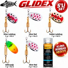Fishack Glidex 5'li Döner Kaşık Seti + Klima Bombası Hediye - Silver Ladybug 5 gr No:2 + Golden Ladybug 7 gr No:3 + Gökkuşağı 7 gr No:3 + Silver Red 5 gr No:2 + Silver Red 7 gr No:
