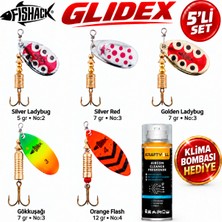 Fishack Glidex 5'li Döner Kaşık Seti + Klima Bombası Hediye - Silver Ladybug 5 gr No:2 + Golden Ladybug 7 gr No:3 + Orange Flash 12 gr No:4 + Gökkuşağı 7 gr No:3 + Silver Red 7 gr