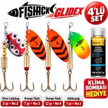 Fishack Glidex 4'lü Döner Kaşık Seti + Klima Bombası Hediye - Silver Ladybug 5 gr No:2 + Orange Flash 7 gr No:3 + Orange Flash 12 gr No:4 + Gökkuşağı 7 gr No:3