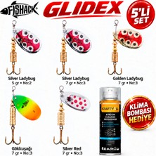 Fishack Glidex 5'li Döner Kaşık Seti + Klima Bombası Hediye - Silver Ladybug 5 gr No:2 + Silver Ladybug 7 gr No:3 + Golden Ladybug 7 gr No:3 + Gökkuşağı 7 gr No:3 + Silver Red 7 gr