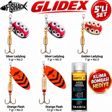 Fishack Glidex 5'li Döner Kaşık Seti + Klima Bombası Hediye - Silver Ladybug 5 gr No:2 + Silver Ladybug 7 gr No:3 + Golden Ladybug 7 gr No:3 + Orange Flash 7 gr No:3 + Orange Flash
