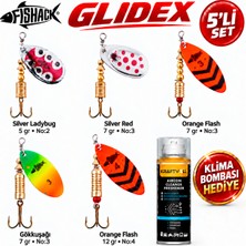 Fishack Glidex 5'li Döner Kaşık Seti + Klima Bombası Hediye - Silver Ladybug 5 gr No:2 + Orange Flash 7 gr No:3 + Orange Flash 12 gr No:4 + Gökkuşağı 7 gr No:3 + Silver Red 7 gr No