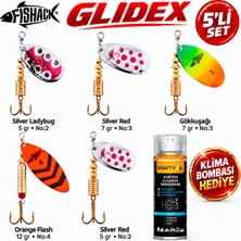 Fishack Glidex 5'li Döner Kaşık Seti + Klima Bombası Hediye - Silver Ladybug 5 gr No:2 + Orange Flash 12 gr No:4 + Gökkuşağı 7 gr No:3 + Silver Red 5 gr No:2 + Silver Red 7 gr No:3