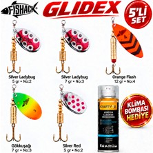 Fishack Glidex 5'li Döner Kaşık Seti + Klima Bombası Hediye - Silver Ladybug 5 gr No:2 + Silver Ladybug 7 gr No:3 + Orange Flash 12 gr No:4 + Gökkuşağı 7 gr No:3 + Silver Red 5 gr