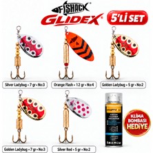 Fishack Glidex 5'li Döner Kaşık Seti + Klima Bombası Hediye - Silver Ladybug 7 gr No:3 + Golden Ladybug 5 gr No:2 + Golden Ladybug 7 gr No:3 + Orange Flash 12 gr No:4 + Silver Red