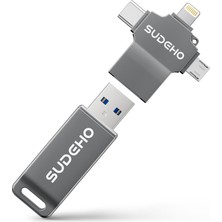 Flash Drive Sudeho Mfi USB Stick 512GB iPhone Için, 4'ü 1 Arada Metal Hafıza Çubuğu, Siyah