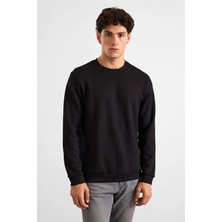 Süvari Siyah Regular Dikey Çizgili Baskısız Jakarlı Bisiklet Yaka Cepsiz Sweatshirt