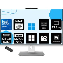 MSI Msı Modern AM242P Intel Core 7 150U 128GB Ram 512GB SSD Intel Graphics 23.8" Full Hd (1920X1080) WIN11 Pro 1M-2288NEUP556 Beyaz All In One Bilgisayar + Per4 USB Bellek