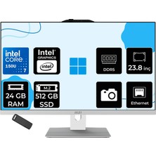 MSI Msı Modern AM242P Intel Core 7 150U 24GB Ram 512GB SSD Intel Graphics 23.8" Full Hd (1920X1080) Freedos 1M-2288NEUP314 Beyaz All In One Bilgisayar + Per4 USB Bellek