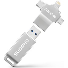 Flash Drive Sudeho Mfi USB Bellek 256 GB iPhone Için, 4'ü 1 Arada Metal Bellek Çubuğu, Gümüş