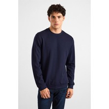 Süvari Lacivert Regular Dikey Çizgili Baskısız Jakarlı Bisiklet Yaka Cepsiz Sweatshirt