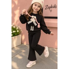 Zepkids Kız Çocuk Eşofman Takımı Siyah Örgü Saçlı Kız Figürlü Fiyonklu Sweatshirt Ispanyol Paça Oysho Kalitesi Likralı Yumuşak Dokulu Spor Takım